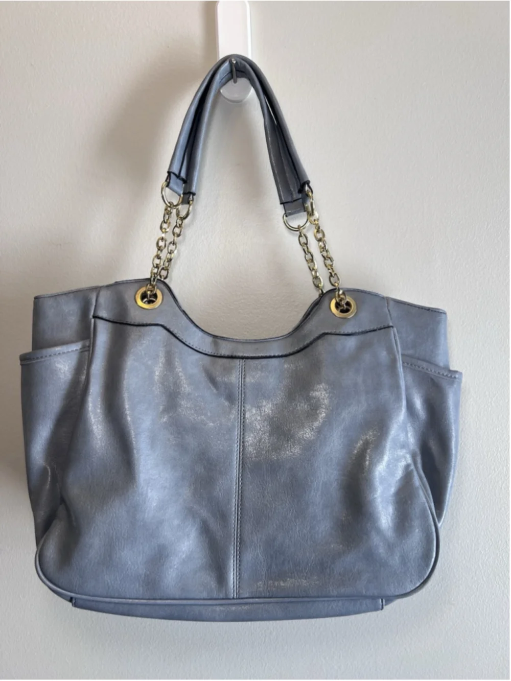 Baby Blue Faux Leather Handbag Purse Shoulder Tote Gold Tone Chain Links